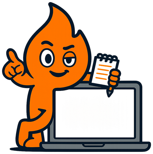 Ash, the BurnTest flame mascot, leaning on a laptop and pointing at you with a notepad in hand