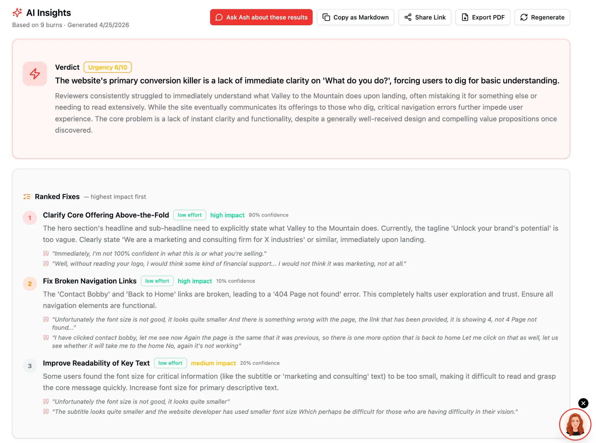 BurnTest.io AI Insights report — ranked fixes with effort, impact, confidence scores and real reviewer quotes