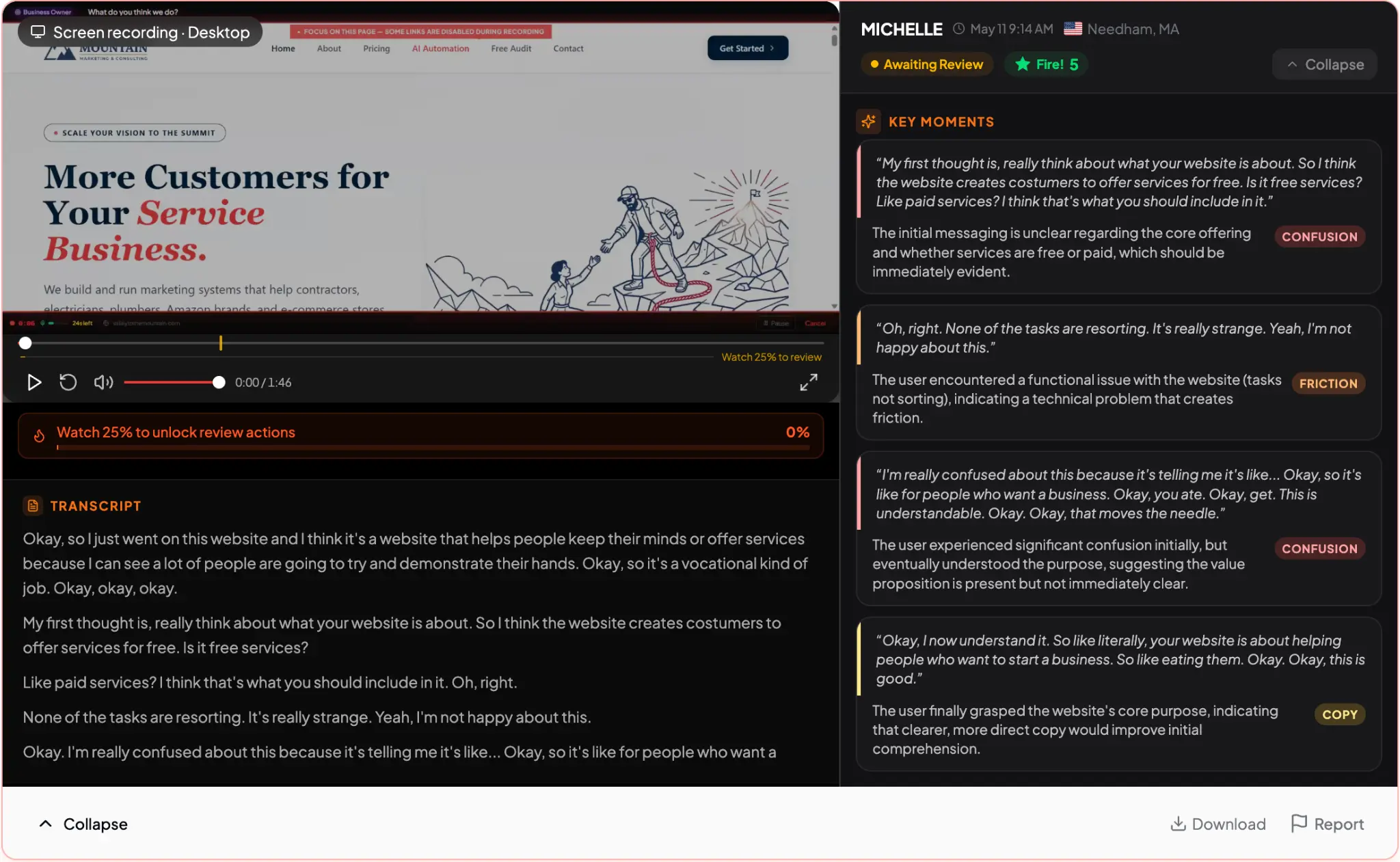 Real BurnTest.io web burn review — screen recording with AI-generated key moments panel showing reviewer Michelle's live feedback on a service business website